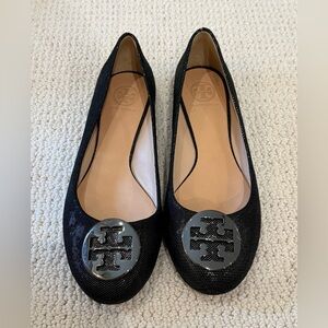 Tory Burch Black Sparkle Logo Ballet Flats